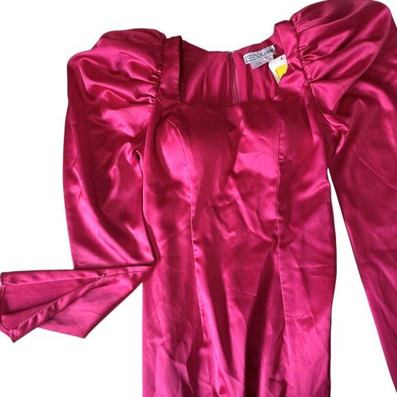 Ieena for Mac Duggal Puff Sleeve High Slit Formal Satin Gown Hot Pink Size 6 - Picture 6 of 10